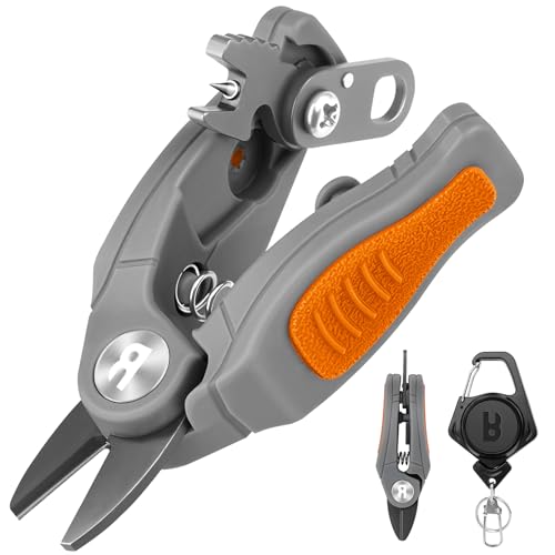 Image of Booms Fishing Line Cutter with Retractor: Mini Fishing Scissors for Braided Momo Fluoro Line - Braid Scissors Saltwater with Hook Eye Cleaner - Serrated Shears with Locking Feature, FR1 Orange