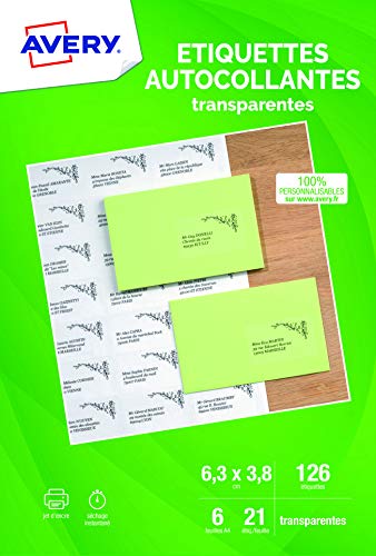 AVERY - Pochette de 126 étiquettes transparentes autocollantes, Personnalisables et imprimables, Format 63,5 x 38,1 mm, Impression jet d'encre,