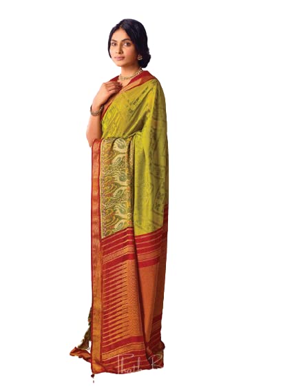 THATH BANARASWomen Paithani And Brasso Silk Printed Saree with Designer Blouse Piece (Color:-Green & Red)
