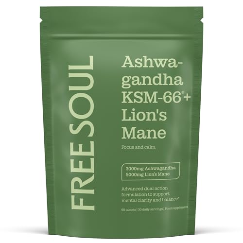 Ashwagandha KSM 66 + Lions Mane Complex | 3000mg Ashwagandha High Strength + 5000mg Lions Mane Tablets | Added Zinc + Vitamin B6 | Vegan UK Made | Free Soul