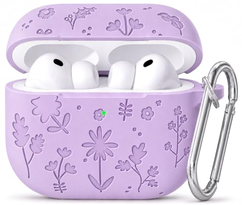 Image of Emoh Roced Case for Airpods Pro 3,Silicone Flower Engraved Cases Compatible with Apple AirPods Pro 3rd Generation 2025, Shockproof, Anti-Scratch, Protective Case Cover (Lavender, for AirPods pro 3)