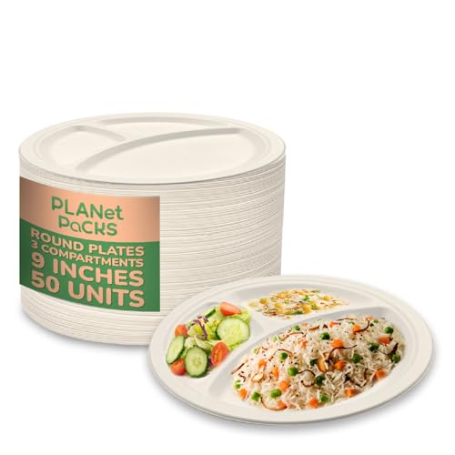 PLANet PaCKS 9-Inch 3-Compartment Biodegradable Bagasse Round Plates | Eco-Friendly Plastic-Free and Sustainable | Ideal for Snacks Meals and Social Events (Pack of 50)