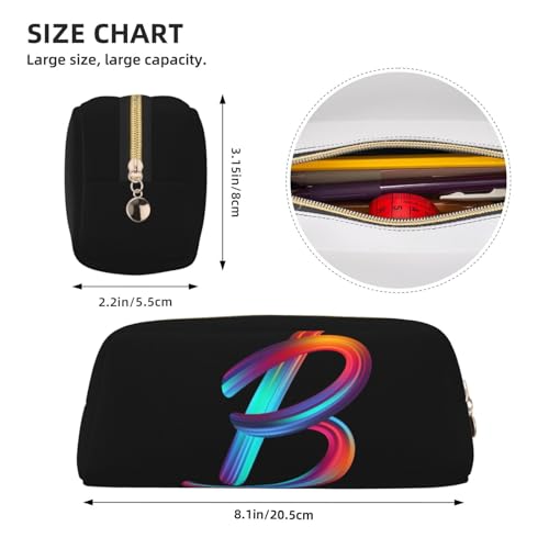 Image of Cute Initial Pencil Case for Kids Simple Leather Pencil Pouch for Boys Girls Letter Design Pencil Box Pen Bag Pencil Pouch Office Stationery Organizer, Rainbow Letter B