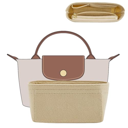 Image of Doxo Purse Organizer Insert for Longchamp Le Pliage XS, Premium Felt Tote Bag Organizer with 7 Compartments and Zippered Pocket (Beige, Mini)