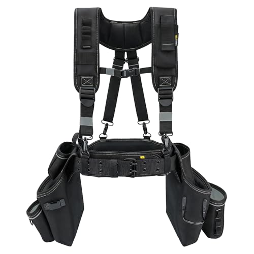 Image of MELOTOUGH Professional Tool Belt with Suspenders Carpenter Tool Belt Combo Organizer Tools Pouch Suspenders with 32 Pockets and Loops fits 34 inch-48 inchWaist