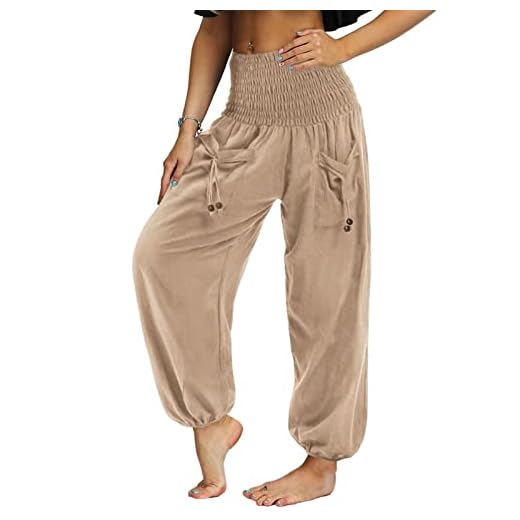 Nuofengkudu Femme Hippie Pantalon Sarouel Poche Taille Haute Baggy Viscose Harem Yoga Pants Boheme Detente Soft Relax Leger Pantalons Pyjama Casual Streetwear Danse Ete Plage Voyage Abricot M