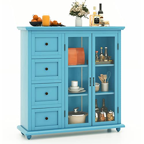 Giantex Buffet Sideboard with Storage - Kitchen Pantry Cabinet with 2 Doors, 4 Drawers, Adjustable Shelf, Freestanding Cupboard Credenza for Kitchen Living Room (Blue)