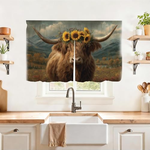 Image of Self Adhesive Highland Cow Sunflower Cabinet Curtain for Mother's Day, 39x28 Inch Rustic Farmhouse Under Sink Skirt No Drill, Spring Cleaning Kitchen Decor, Hook and Loop Valance