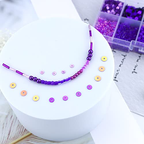 LEEFONE 1 Box of Mixed Craft Beads Including Glass Bugle Seed Pearl Semi-Cupped Sequins Beads for DIY Arts Crafts Sewing Embroidery Clothing Jewelry Making (Purple, Assorted Size)