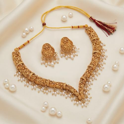 Image of Gold-Plated Antique Temple Jewellery Set for Women - Traditional Necklace with Large Peacock Pendant & Matching Jhumka Earrings | Ethnic Festive & Bridal Wear Set with Ruby & Emerald Accents
