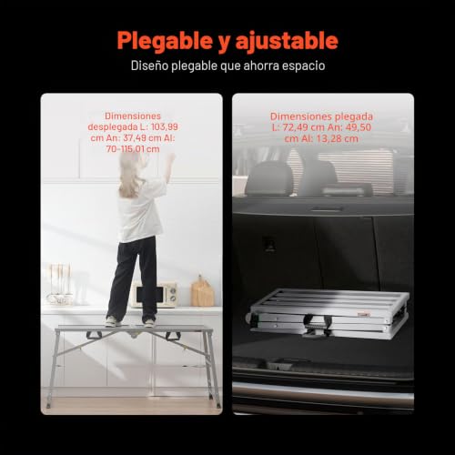 Miniatura 2 de Vevor Plataforma De Trabajo, Altura Ajustable De 4 Velocidades, Escalera De Acero De Aleación Plegable, Carga De 360 Kg, Pies De Goma Antideslizantes, Para Limpieza Y Lavado, 1450 X 495 X 700 Mm