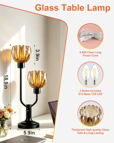 Image of Lightdot Mid Century Modern Flower Table Lamp for Bedroom Black Dimmable | Nightstand Lamp Amber Glass Vintage Desk Lamp 2 Bulbs Included Warmwhite Ambient Bedside Lamp for Living Room Home Decor Gift