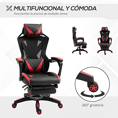 Vinsetto Silla Gaming Ergonómica Silla de Escritorio para Oficina con Altura Ajustable Respaldo Regulable de 170° Almohada Lumbar y Reposapiés Retráctil 65x70x117-125 cm Rojo - imagen 8