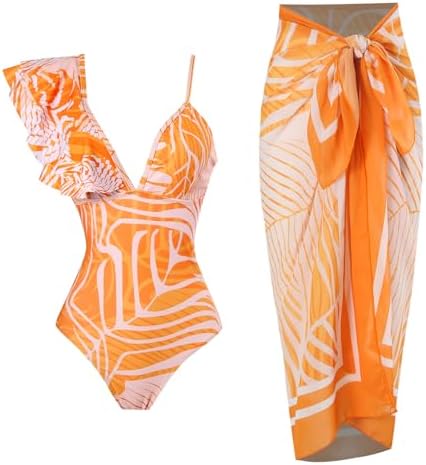 Women One-Piece Swimsuit with Cover up Wrap Skirt Sarong Bathing Suit Beach Outfit Summer