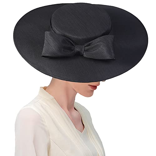 Black Wide Brim Hats for Women Big Bowknot Formal Church Occasion Kentucky Cap Lady Wedding Cocktail Tea Party Dress Flat Top Fascinators