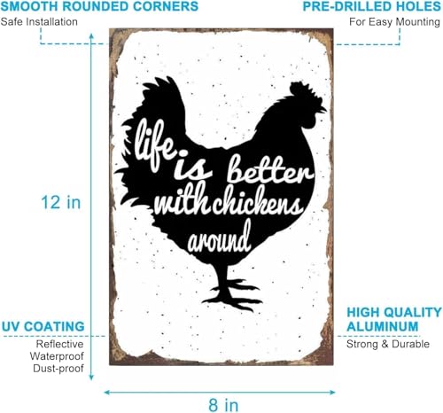 Vintage Metal Tin Sign Funny Sarcastic Party Wall Art Decor Signs "Life is Better with Chickens" Vintage Metal Sign, 8x12 Inch Wall Art, Perfect for Farmhouse, Kitchen, Country Home Decor, and Chicken Coop Decoration