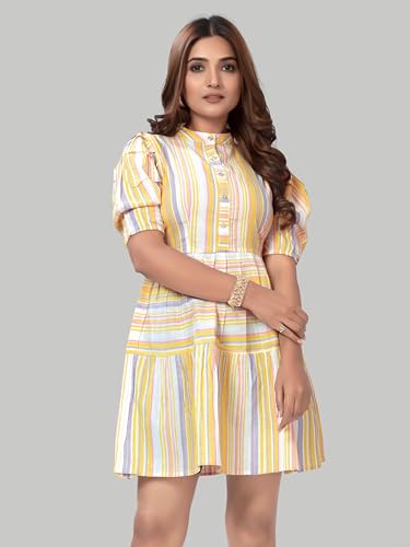 Image of Women's Cotten Light Colour Western Stripe Dress, Knee Length Puff Slevee