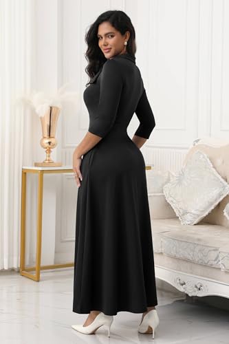 Image of FANDEE Maxi Dress for Women Long Elegant 3 /4 Sleeve Bow Tie Neck A Line Casual Party Church Dresses with Pockets