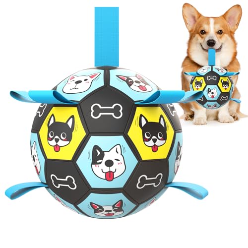 ZestPulse Dog Toy Soccer Ball with Straps, Herding Ball for Dogs, Outdoor Interactive Dog Toy, Dog Fetch Toy, Ideal for Medium & Large Dogs, Great Puppy Birthday (6 Inch)