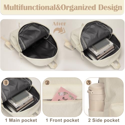 4 Pcs School Backpacks for Teen Corduroy Backpack Set with Lunch Storage Bag Shoulder Bag and Pencil Case Middle High School College Backpack Schoolbag, Durable Lightweight Travel Daypacks4