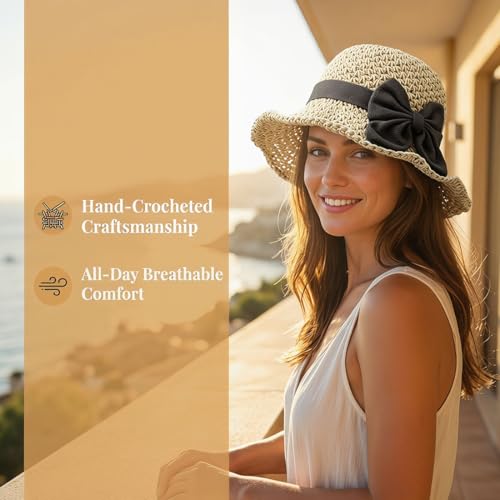 Sombrero de paja tejido elegante con lazo para mujer miniatura 6