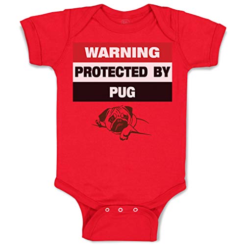 Image of Cute Rascals Baby Bodysuit Warning Protected by Pug Dog Lover Pet Boy & Girl Baby Clothes Funny Cotton Red Design Only 6 Months
