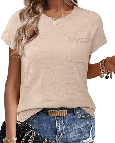 WIHOLL Summer Tops for Women 2025 Crewneck Short Sleeve Sweaters Business Casual Plus Size Teacher Travel Outfits Beach Fashion Vacation Clothes Apricot 2XL