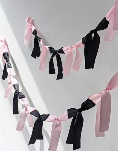 Image of Pink & Black Satin Bow Garland 6FT | Coquette & Cowgirl Birthday Banner, Pre-Tied Ribbon Bow Knot Decoration for Girls, Bridal Shower, Baby Room & Party Backdrop Decor