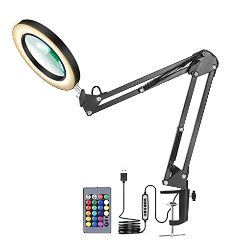 ENCOFT Lampe de Bureau à Loupe 5X LED, Lampe de Travail avec Pince Bras Réglable, 18 Couleurs 10 Niveaux Dimmable Lampe de Lecture Loupe avec Télécommande, Lampe à Loupe pour Table Studio Noir