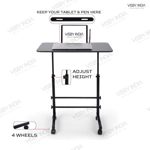 Image of VISBY INDIA Wooden Multipurpose Adjustable Height Table with Wheels for Work from Home, Study, Office and Bedroom (A1)