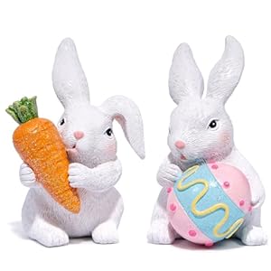 Hodao Easter Bunny Figurine Set Adorable Handcrafted Bunnies Holding Carrot and Egg A Must Have for Spring Home Decor Enhance Festive Atmosphere Easter Table Centerpiece Mantel Decoration