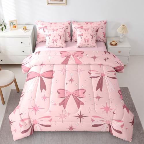 Image of Cute Bow Bed in a Bag King Size Comforter Set 7-Piece | Princess Bow Bedding Sets Dreamy Ribbon Bowknot Comforter and Sheet Set, Stars Watercolor Room Decor,Pink Bow Decor