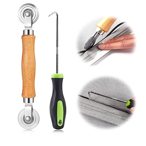 Herramienta de Rodillo Giratorio Mosquitero de Ventana Herramienta Instalación para Mosquiteras Ventanas Polea de Presión para Instalar Pantallas de Ventanas y Puertas, Mango de Madera Duradero Cover