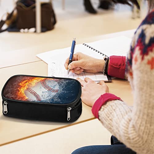 Image of 3D Baseball White Leather Pencil Case Pen Holder Large Capacity Stationery Organizer Pencil Bag with Water & Fire Baseball for Boys Girls Pencil Pouch Case for School College Office,Sports-Themed