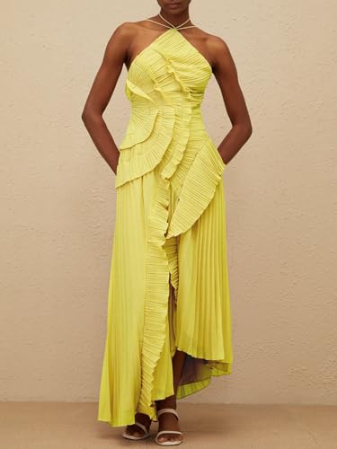 Image of Women Y2k Backless Long Dress Halter Tie Neck Maxi Dress Flowy Beach Sundress Summer Streetwear