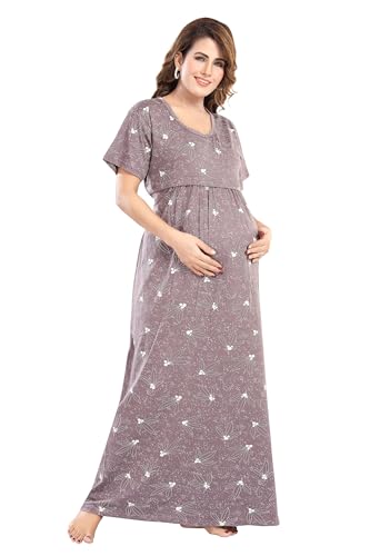 Image of Fabme Women's Full Length Printed Pre and Post Pregnancy Pure Cotton Nursing Nightdress Nighty