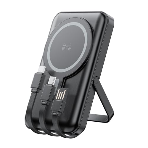 MagSafe Powerbank 10000 mAh mit Ständer, Magnetische Powerbank (3 integrierte Kabel), 15 W/22,5 W kabellose/kabelgebundene Powerbank, MagSafe Powerbank für iPhone 17/16/15/14/13/12/Pro/Pro Max