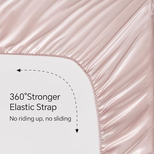 BEDELITE Satin Fitted Sheet and Pillowcase Set, Luxury Soft Similar to Silk Bottom Bedsheet with Elastic Corner Straps, Deep Pocket up to 15 Inch, 1 Fitted Sheet and 1 Pillowcase(Twin, Pink)