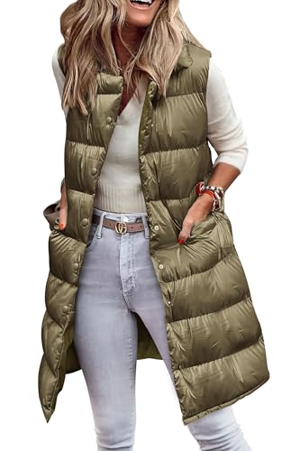 PRETTYGARDEN Women's Fall Long Puffer Vest Collared Sleeveless Button Down Warm Jackets Coat Casual Trendy Winter Outerwear