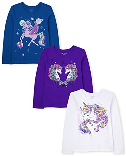 Image of The Children's Place Girls' Unicorns,Sports,Butterflies Long Sleeve Graphic T-Shirts,3 Pack