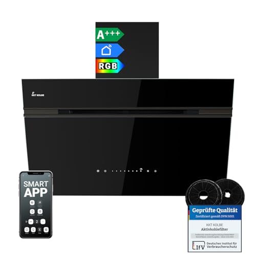 KKT KOLBE A+++ Dunstabzugshaube 80 cm 782 cbm/h Umluft Abluft Kopffrei Wandhaube | Schwarz | Glas | Nachlaufautomatik | Smart WiFi App WLAN | SensorTouch | RGBW LED-Beleuchtung | AURORA8005FB