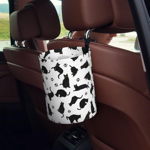 Image of Small Car Trash Can, Cute Black Cat Design Hanging Foldable Car Trash Bag, Waterproof Leakproof Garbage Bin, Car Interior Organizer Accessories