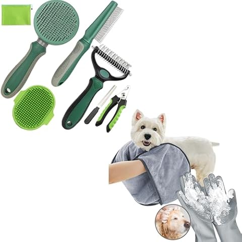 7 PCS Dog Brush for Shedding and Dog Washing Gloves - Quick Drying Dog Towel,Bath Brush for Long & Short Haired Dogs, Cats Green Grey Cover