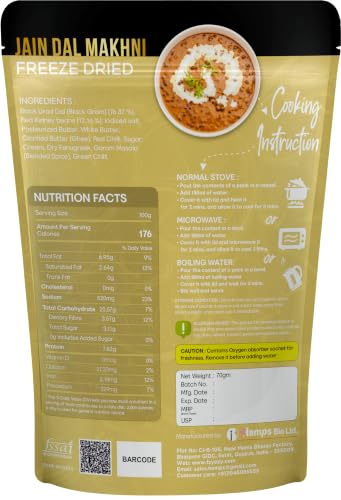 Image of FzyEzy Freeze-Dried Instant Meal Pack - Ready-to-Eat Travel Food | Lightweight, Long Shelf Life | Ideal for Camping, Hiking, Trekking, Emergency Survival | No Preservatives | Veg Meals (Jain Dal Makhani)