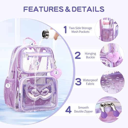 Image of Clear Backpack Heavy Duty For Stadiums Events,16in Large TPU Girls BookBag | Large capacity See Through Plastic backpack Stitch Durable Design 6-Pocket For School Girl Adults work Airport Quick Security