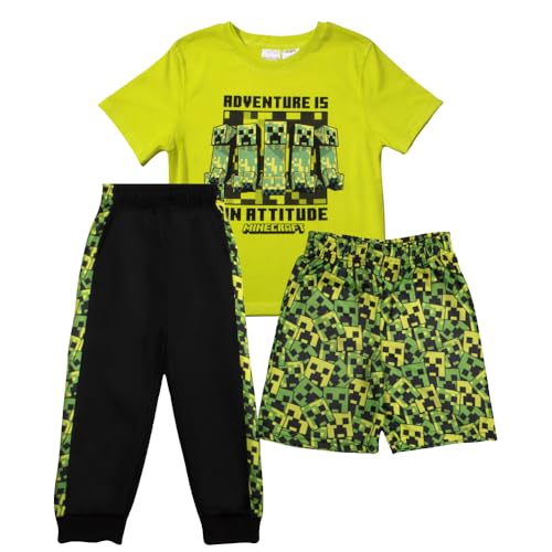 Minecraft Adventure Is An Attitude Boys 3-Piece Set - Short Sleeve T-Shirt Shorts and Jogger Pants 3-Pack Bundle Set (Size 8 Yellow/Green/Black)
