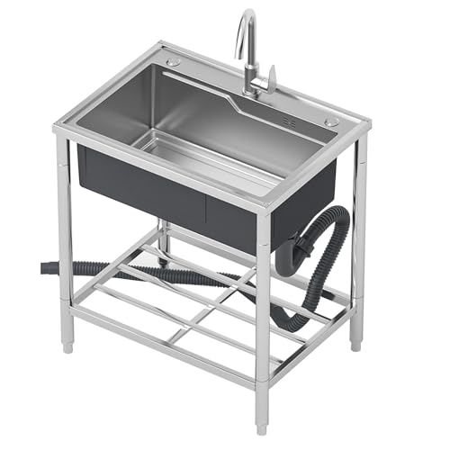 Fregadero de cocina de restaurante comercial independiente, juego de fregadero de servicio de un solo tazón de acero inoxidable con estante de almacenamiento, fregadero de lavandería