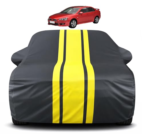 Image of Auto Hub Car Cover Compatible with Mitsubishi Lancer with Mirror Pocket, Soft Cotton Lining, Lancer Car Cover Waterproof - Yellow-Black