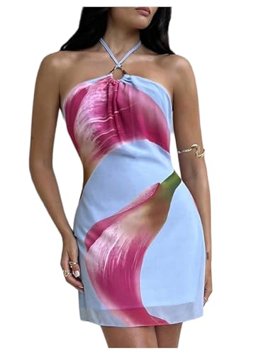 MakeMeChic Women's Floral Halter Backless Dress Ring Sleeveless Summer Mini Dresses