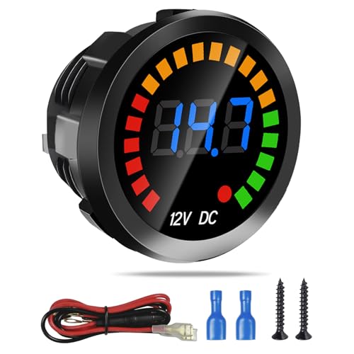 Waterproof DC 12V Voltage Meter, LED Digital Display Voltmeter Gauge Panel, Round Battery Monitor with Wires & Terminals & Srews, for Marine Car Automotive Vehicle Truck Boat RV ATV UTV, Short Body